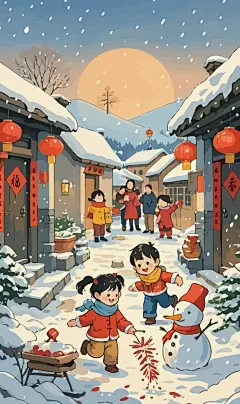 春节雪景街景庆春插画图形元素