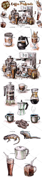 手绘彩铅线稿咖啡机被子动物饮料杯上色对比AI矢量设计素材ai220-淘宝网
