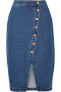 Madewell - 弹力牛仔布围裹式半身裙 : 蓝色弹力牛仔布
 正面不对称式单排纽扣
 95% 棉，4% 其他纤维，1% 弹性纤维
 机洗