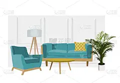 矢量室内设计手绘插图。客厅家具草图。室内设计说明.