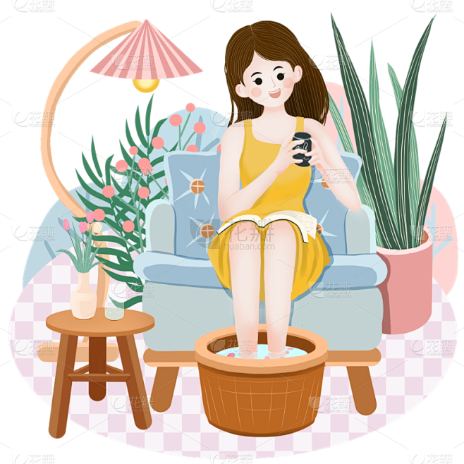 手绘-养生女孩人物场景插画-泡脚