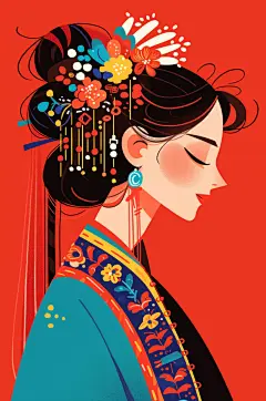 AI数字艺术扁平化民族风汉服国潮东方人物插画