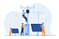 Free vector solar power plant maintenance. utility workers repairing electric installations, boxes on towers under power lines. for electric network operation, city service, renewable energy topics