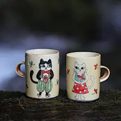 山水间 情侣猫咪手绘杯 童话杯子 景德镇陶瓷马克杯 复古水杯家用-淘宝网