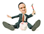 conceptual caricature of a caucasian man in a suit as he attempts to smash a piggy bank with a hammer