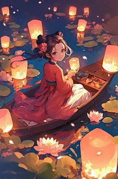 数字艺术中元节七月半放河灯古风人物插画