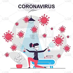 冠状病毒隔离卡通概念。妇女在家中喷洒消毒和抗击病毒，人们场景在平面设计。矢量插图博客，网站，移动应用