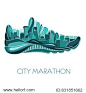 City marathon. Poster - running, sport shoe and the city. Vector illustration