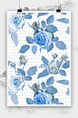 清新淡雅蓝色玫瑰花纹印花背景矢量素材