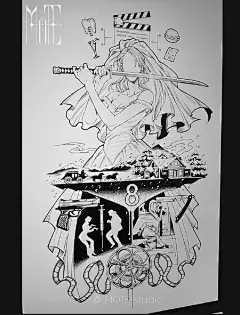 设计+纹：我

客人要求：
昆汀电影主题，以《杀死比尔》为主，要有女主用的武士刀。
最好有他比较有名的几部电影里的元素，我最喜欢的依次是：《低俗小说》《八恶人》《姜戈》和《落水狗》。另外也希望有罪恶之城里的人物剪影风格。

因为我很喜欢杀死比尔某张海报里的持刀新娘造型，所以选用这个形象 ​​​​...展开全文c