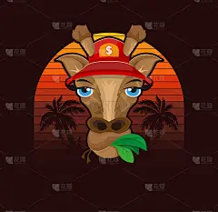 在棕榈树的背景上戴着帽子的长颈鹿。夏季印花t恤设计。矢量插图设计。
