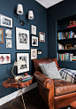 Cozy reading nook with great gallery wall - love the Hague Blue walls