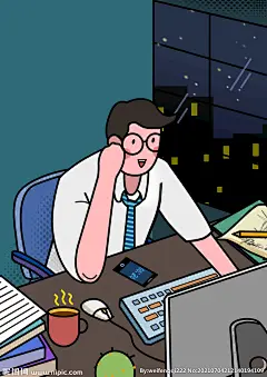 夜晚加班工作场景扁平风格插画图