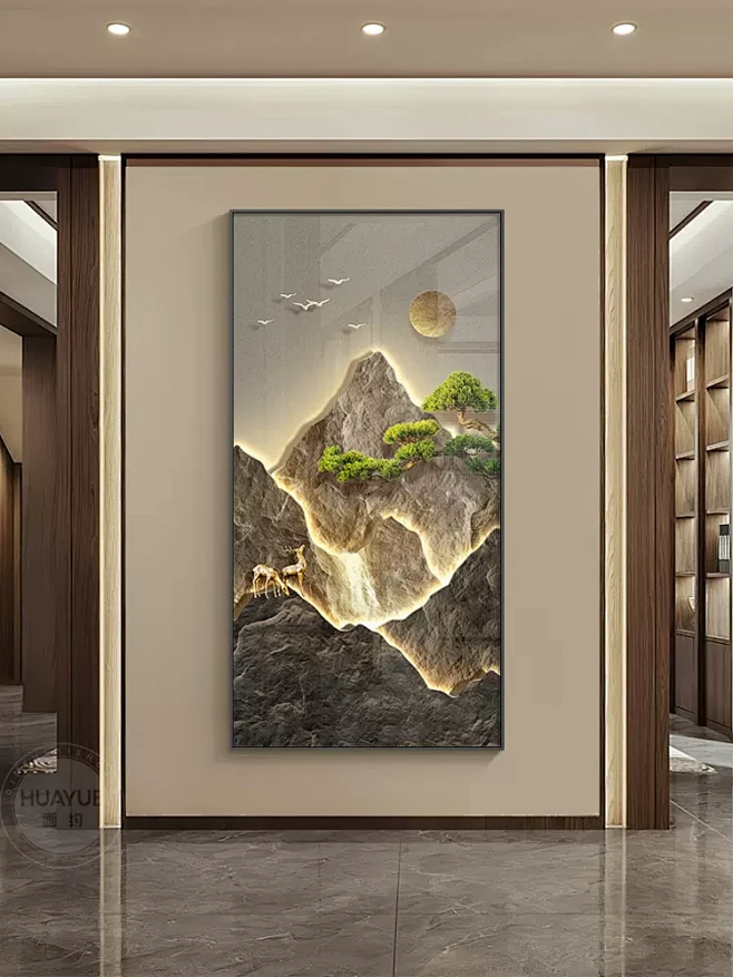 现代轻奢入户玄关装饰画日照金山发光壁灯画靠山走廊过道山水挂画-tmall.com天猫-花瓣网