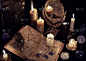 魔法静物书，燃烧的蜡烛和镜子