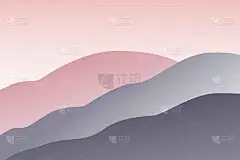 景观与波。淡粉色的太阳落山了。紫色，粉红色和灰色的山轮廓。多雾的沙质沙丘。自然与生态。水平方向。对于