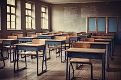 现代教室课桌椅场景摄影图
