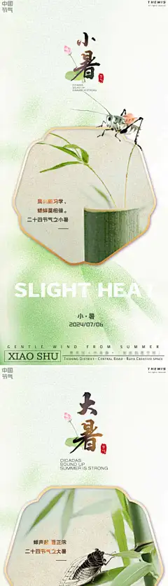 大暑小暑团扇花鸟虫国风系列-禅意,蟋蟀,竹叶,清新,团扇,小暑,大暑,海报,节气
