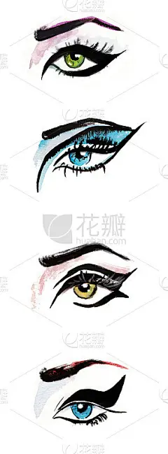 手绘水彩眼睛。豪华的眼睛，完美的形状的眉毛和饱满的睫毛。