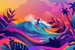 扁平风冲浪手绘夏季插画