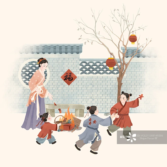 中国古代传统年俗大年初六送穷鬼插画图片素材-花瓣网