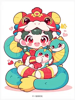 可爱软萌卡通女孩和小蛇-2025蛇年IP插画 - 小红书