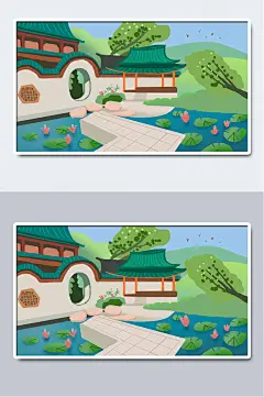 中国风古建筑莲花插画