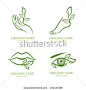 Vector logo, label, emblem set. Female hand, foot, eye, lips with green leaves, isolated. Concept for beauty spa salon, cosmetic, manicure, pedicure and organic body care.