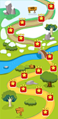 Cartoon game level map template with marks road signboard pointer river summer and winter landscapes Free Vector