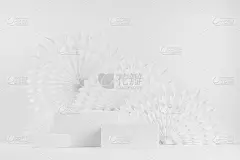 白色抽象现代简约的场景用一套长方形的讲台模型展示化妆品产品，广告，设计用白色雕刻圆形折纸扇中式风格。