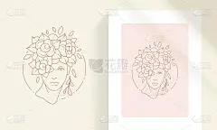 美丽的女性与花花环上的头线艺术风格矢量插图