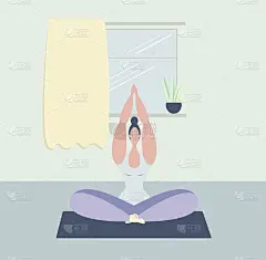 一个女人的无限性。一个年轻的女孩以莲花坐姿冥想。在家上瑜伽课。保持心理健康。心理平衡。身体的积极性。
