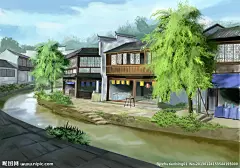 江南 茶社 云 炊烟 阳光 徽文化 油画 插画 绿色 环保 山水 艺术 绘画 设计 装饰，300dip高清大图，放心下载，纯手工绘制，适量图失踪了，找到下次传