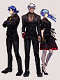 Safebooru - 1girl 2boys bangs black dress black footwear black jacket black pants blue gloves blue hair crossed arms dark-skinned male dark skin dress full body gloves grey background high heels highres jacket jewelry k' (kof) krohnen kula diamond long ha