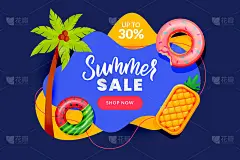 夏季销售抽象横幅设计。充气漂浮玩具和棕榈树，矢量插图。季节折扣海报