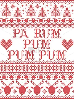 Pa Rum pumm pumm颂歌歌词圣诞图案与北欧节日冬季图案在十字绣心，雪花，圣诞树，驯鹿，星