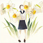 日本插画师 おとないちあき的一组清新的水彩插画，关于花与少女