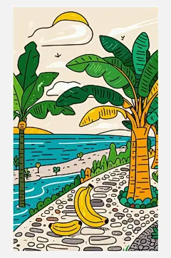 香蕉树香蕉水果矢量线描插画图形