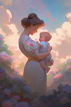 母女拥抱母亲节油画风插画