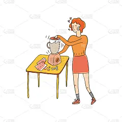 矢量插图在素描涂鸦风格的一个年轻女子在一个手工制作过程。手绘女纸在桌上用搅拌机或搅拌机和剪刀制作。