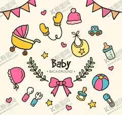 婴幼儿彩绘 【酷图网】卡通,婴幼儿用品,球,彩旗,奶瓶,手套,婴儿车,蝴蝶结