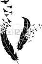 Two stylized feathers with scattering birds in the form of a tattoo