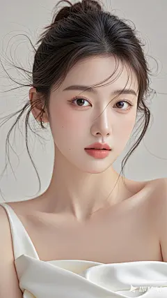 一位女孩，青春，高级感，人物肖像特写镜头，面部无遮挡，简约构图，浅色背景，简约礼服，