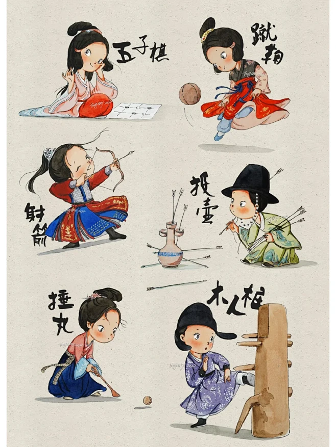水彩古代体育，蹴鞠、投壶、捶丸、木人桩… - 小红书