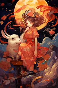 AI数字艺术中国风女孩玉兔中秋节插画