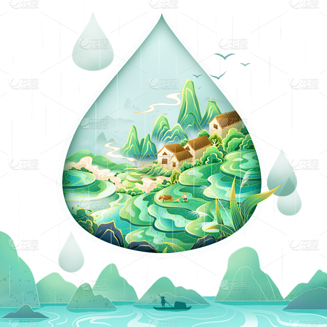 传统节气雨水插画国潮风水滴场景元素素材