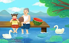 手绘炎热的夏天和爷爷一起吃西瓜的小女孩夏天原创插画素材
