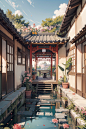 00855-3994773828-Architecture, summer _ eaves, _ blue sky, branches and during the day, the east Asian _ _ buildings, a summer pond, pond, (court