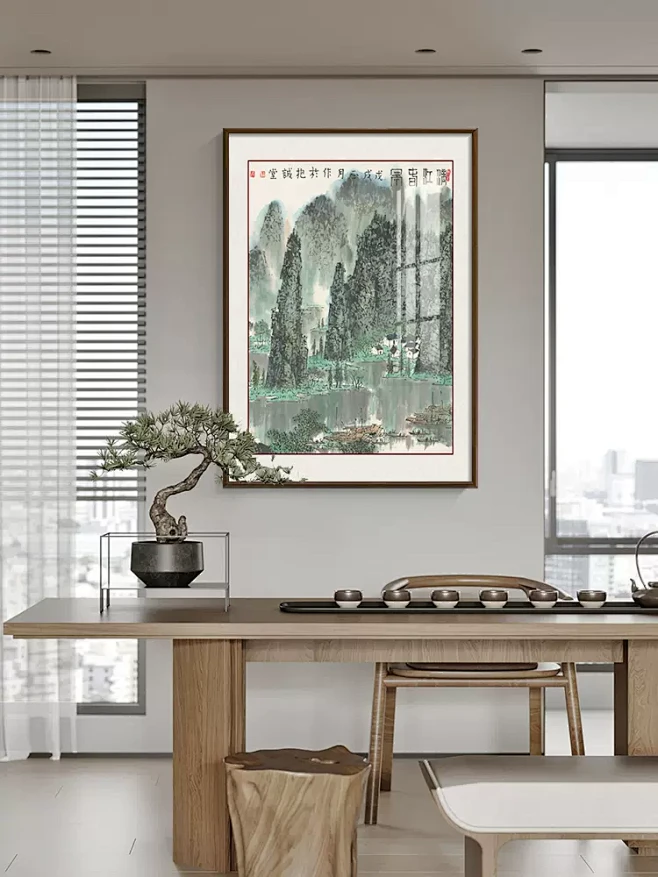 国画山水画茶室挂画新中式客厅装饰画双联组合壁画餐厅背景墙画方-tmall.com天猫-花瓣网