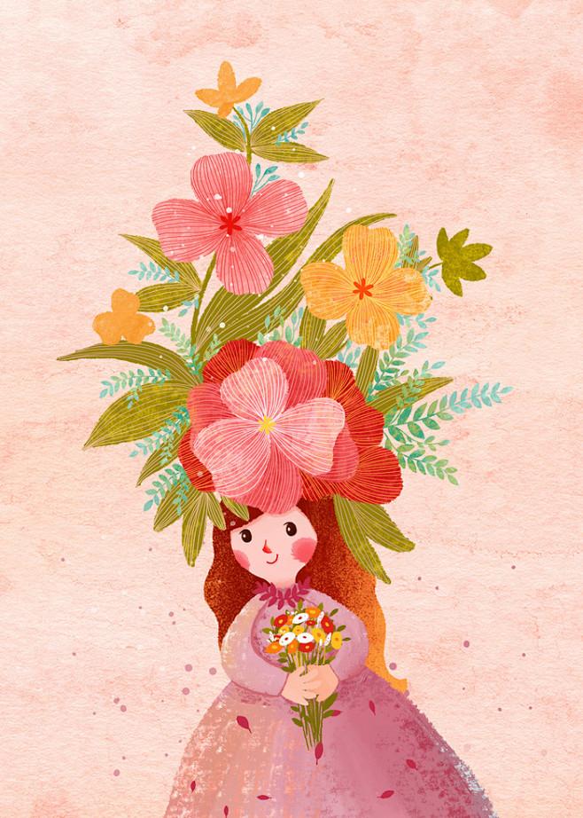 谁的等待恰逢花开虾丸子插画花女孩涂鸦王国插画